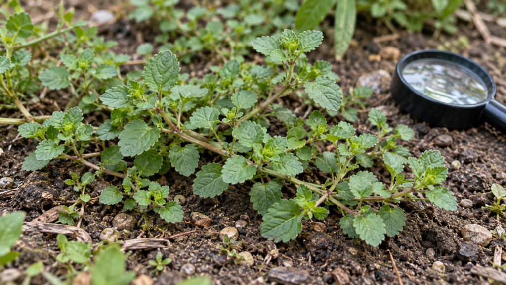 花のない小株を葉と茎から確かめる観察の生成イメージ