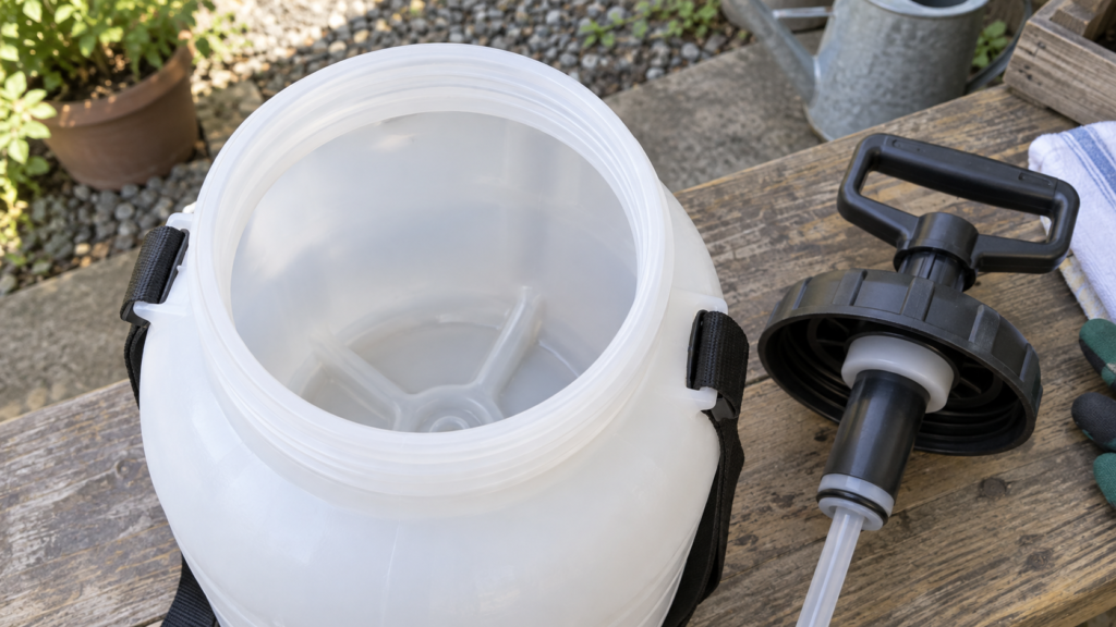 圧を抜いて開けた手動噴霧器のタンク底と開口部