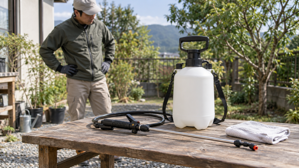 清掃後にホースとノズルの組み立てを点検する園芸用噴霧器