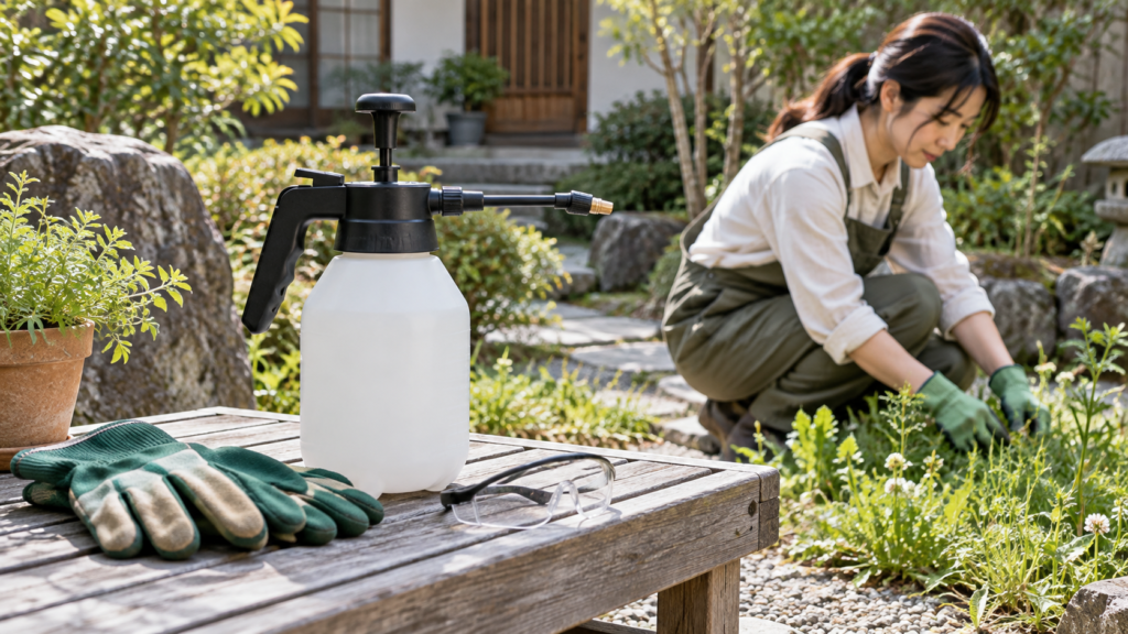 雑草のある庭で点検前に停止した手動蓄圧式噴霧器と保護具