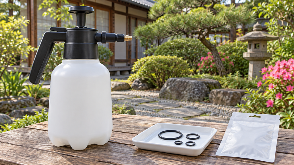 純正部品の適合確認を考える噴霧器と交換部品のイメージ