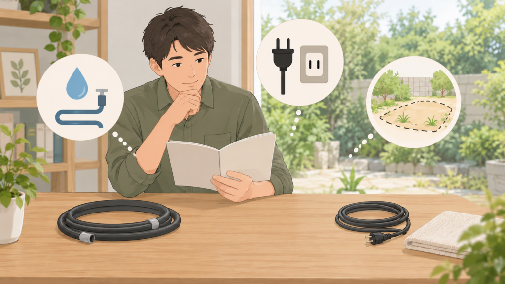 蒸気除草の給水と電源と作業範囲を資料で確認する概念イラスト