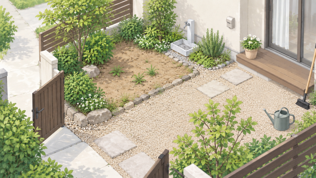 給水と電源と搬入経路を確認する庭のイラスト