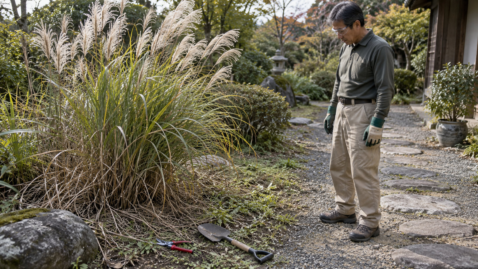 保護具を着けてススキの周囲と足場を確認する作業前のイメージ