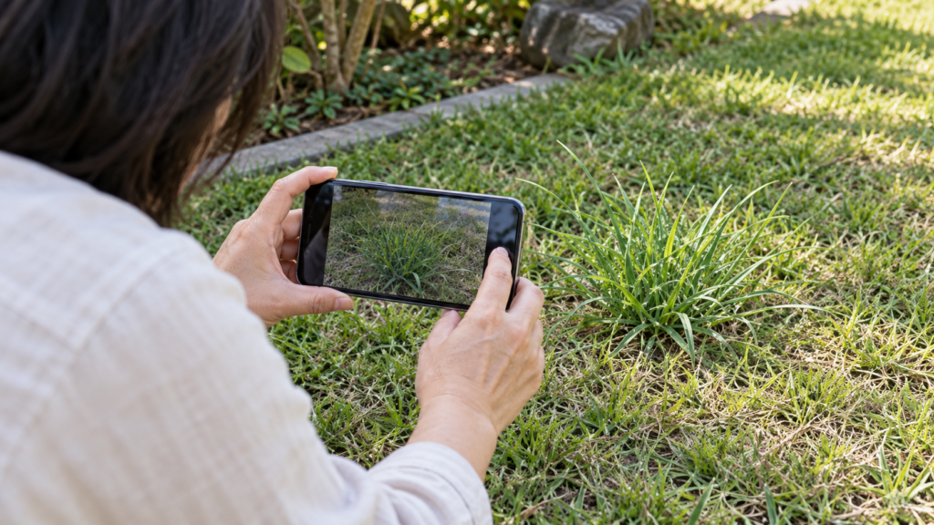 庭の草をスマートフォンで撮影して確認するイメージ
