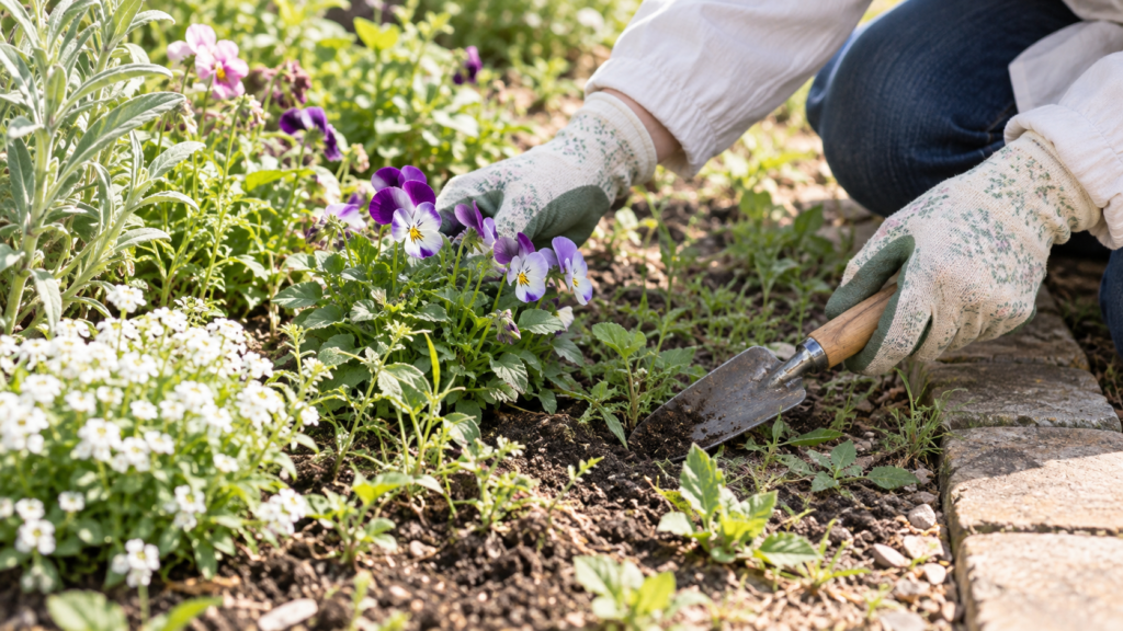 花壇の植物をよけて少しずつ草取りするイメージ