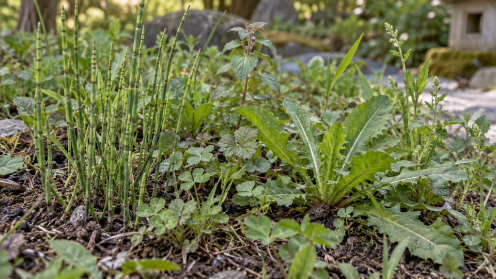 葉や茎の形が異なる雑草を確認する説明用イメージ