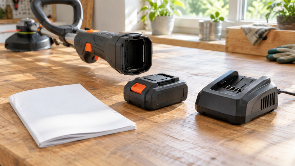 草刈機本体とバッテリー、充電器を照合するイメージ