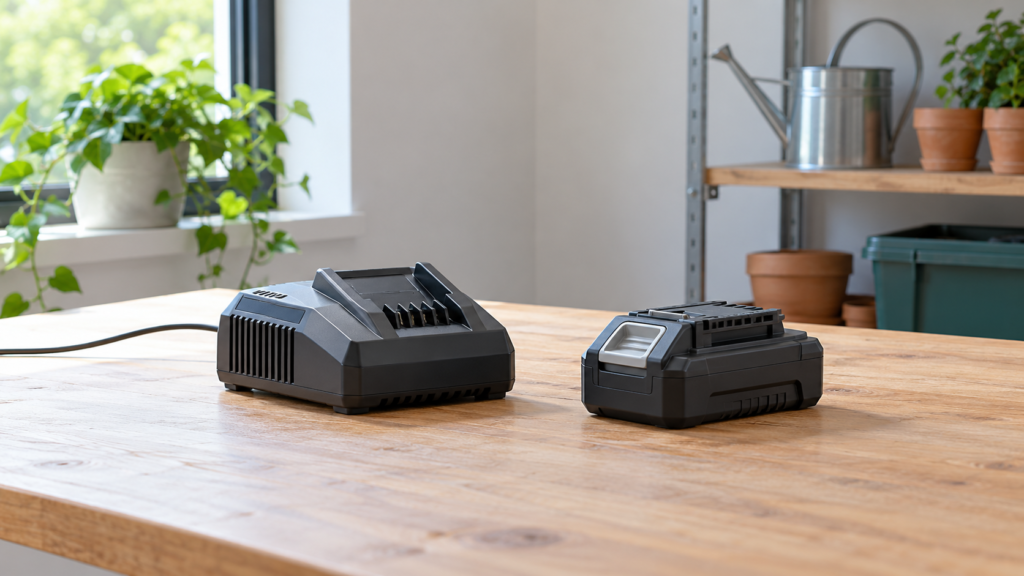 乾いた室内の作業台に離して置いた充電器とバッテリーのイメージ