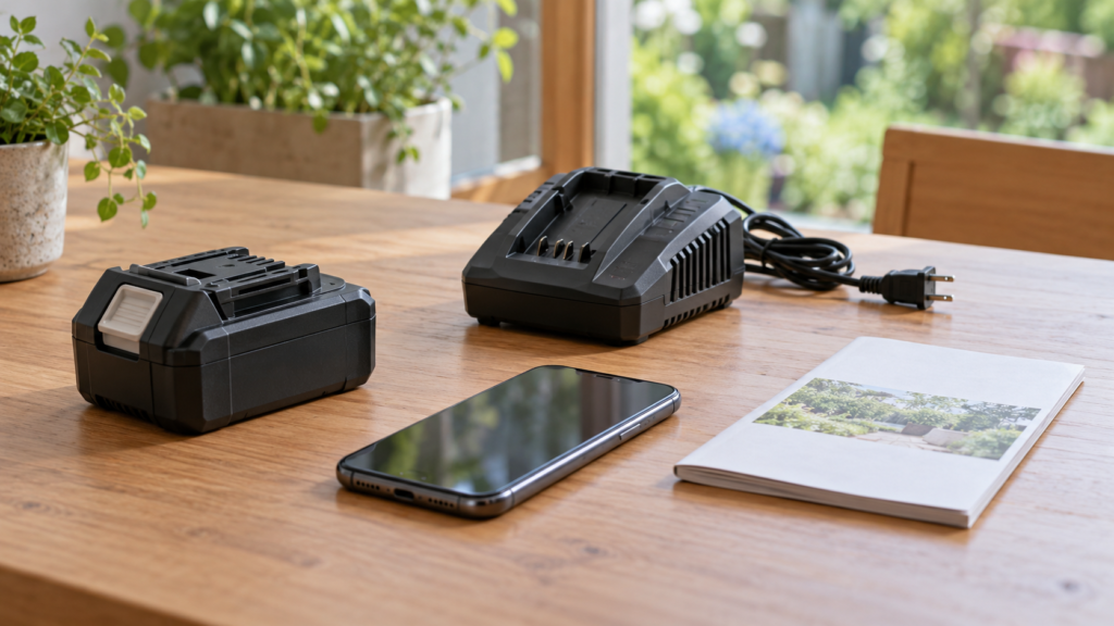 電源を外した充電器とバッテリーを点検相談するイメージ