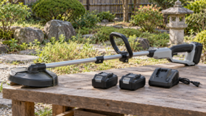 雑草の庭と充電式草刈機、取り外したバッテリーのイメージ