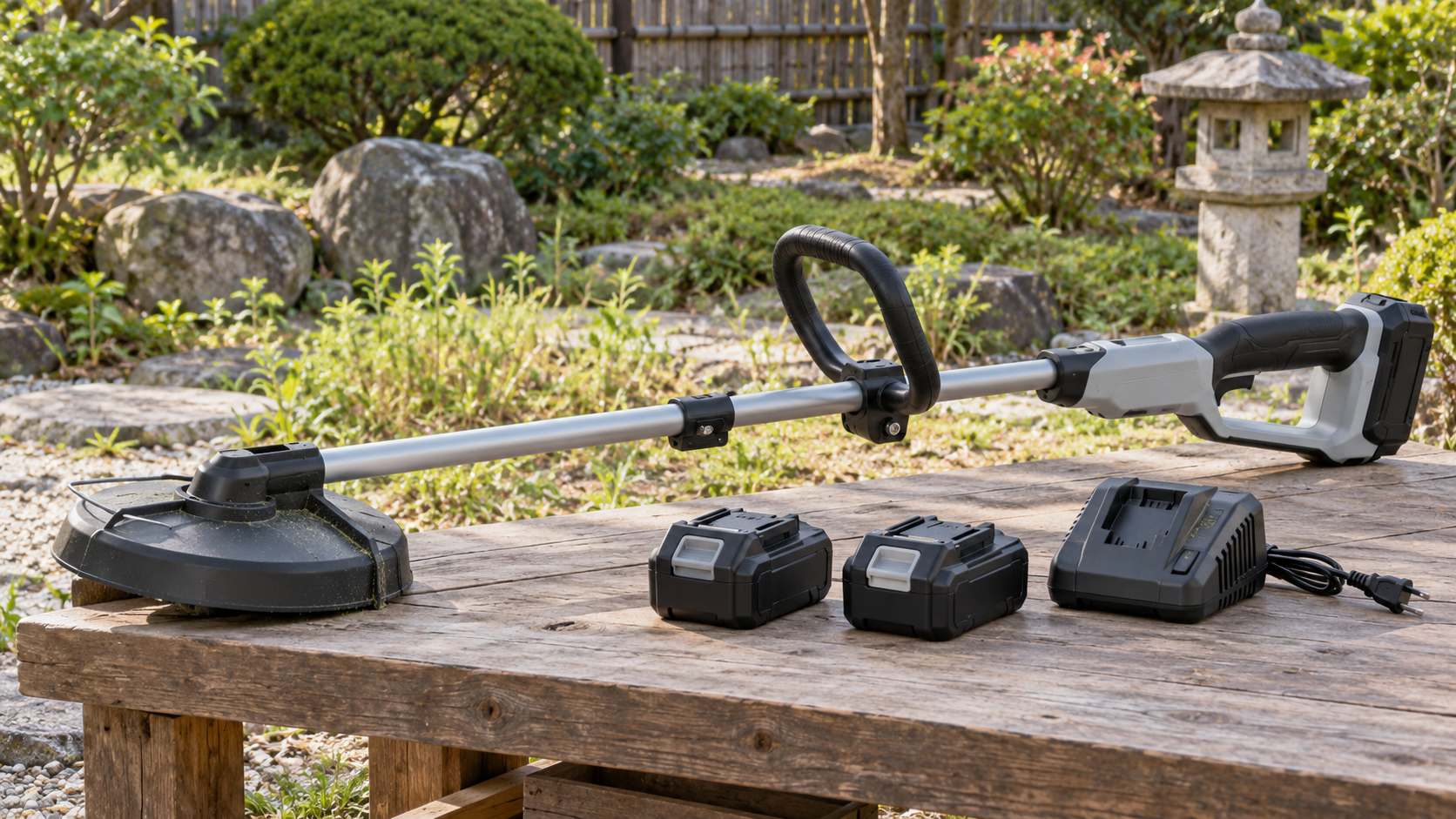 雑草の庭と充電式草刈機、取り外したバッテリーのイメージ