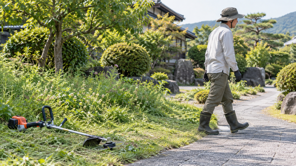 停止した草刈り道具から離れて通路を戻る作業者