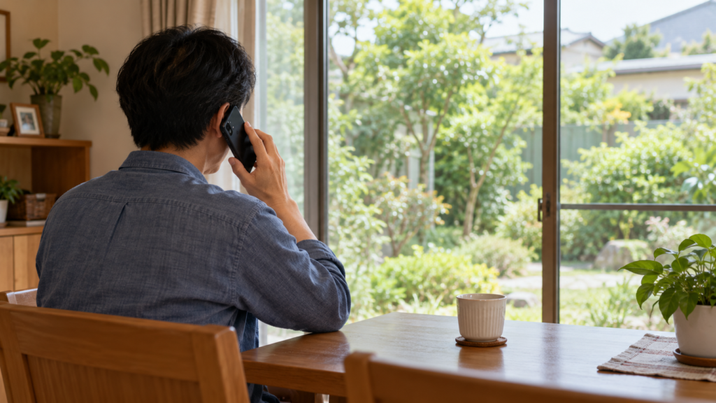 安全な屋内から蜂を見かけた状況を電話で相談する