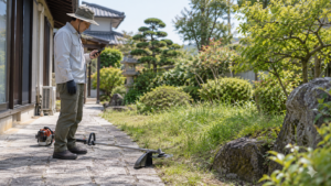 雑草が伸びた庭を舗装通路から確認し、草刈りを始めずに待つ人