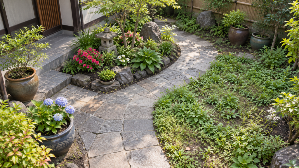 庭の通路と植木鉢を避ける経路を確認するイメージ