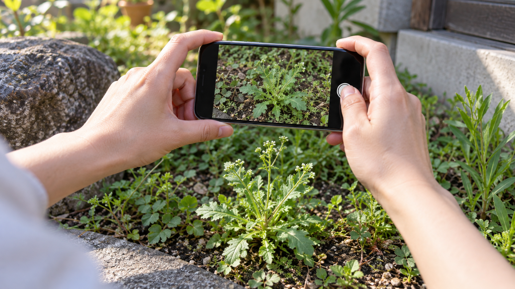 庭の雑草をスマートフォンで撮影して特徴を確認するイメージ