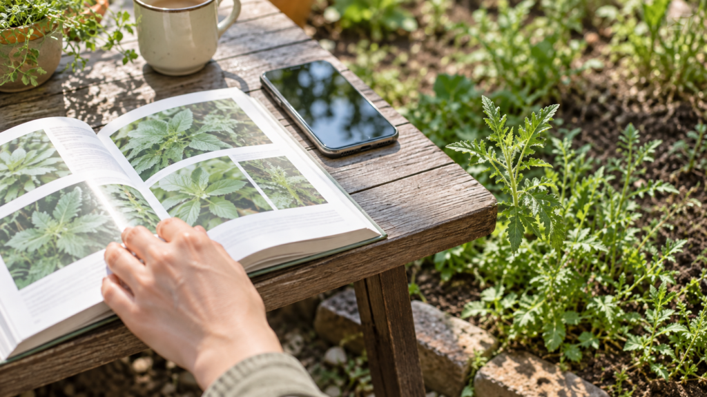 スマートフォンで調べた植物の候補を図鑑の葉の写真と照合するイメージ