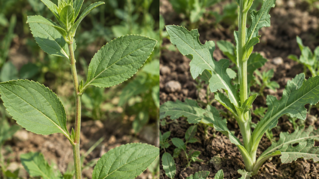 二つの草の葉の形と茎への付き方を同じ縮尺で見比べるイメージ