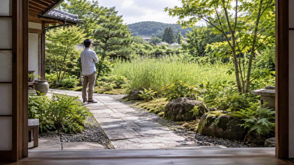 草むらへ入らず庭の状態を離れて確認する生成イメージ