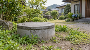 閉じた井戸のふたと周囲の雑草を描いた説明用イメージ
