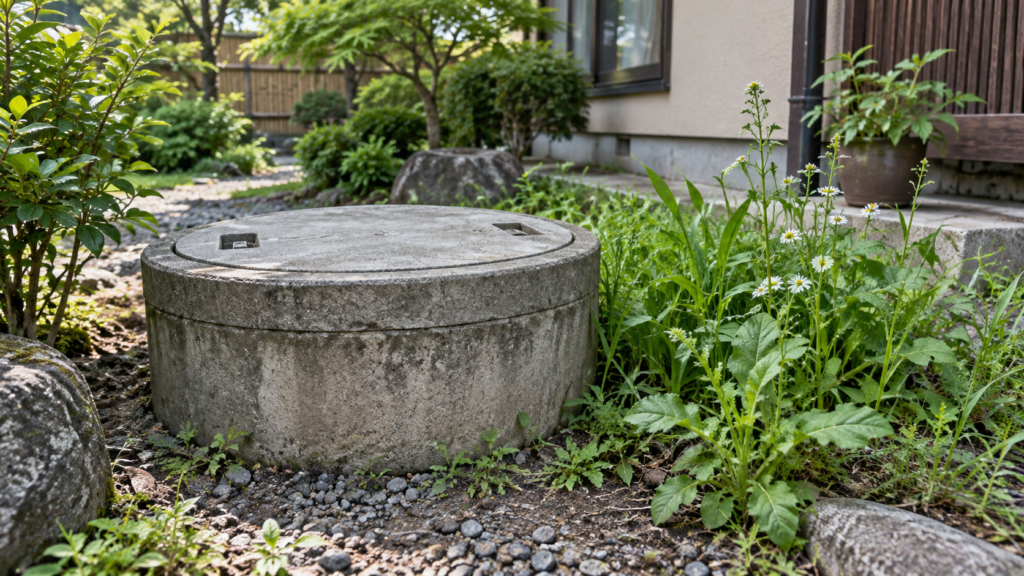 井戸のふたと雑草の位置を確認する説明用イメージ