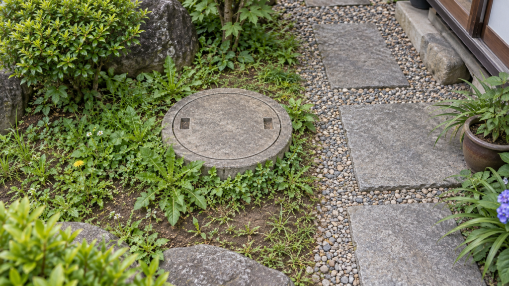 井戸周辺の設備と雑草の範囲を見分ける説明用イメージ