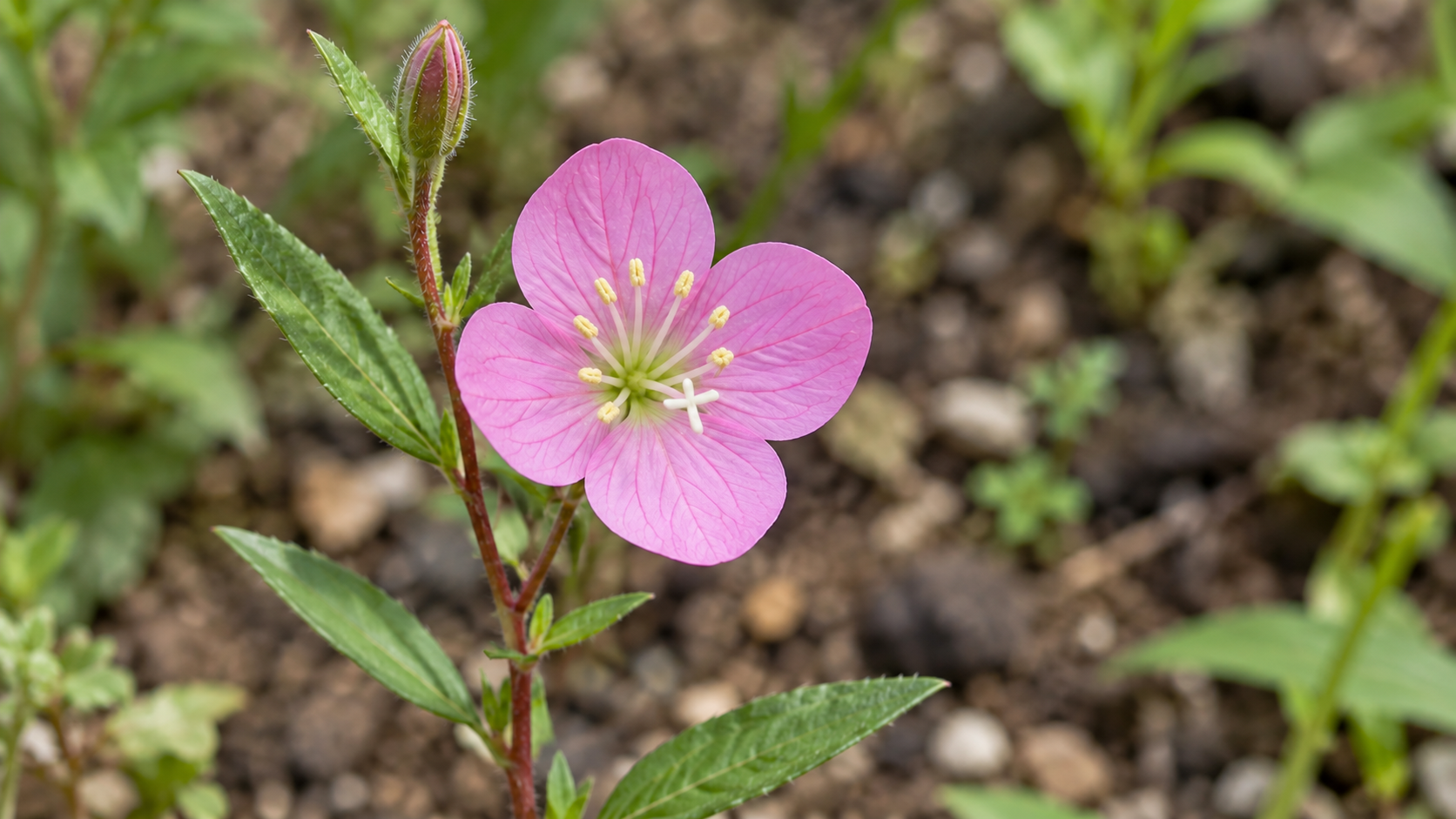 四枚のピンクの花びらと細長い葉を示すユウゲショウのイメージ