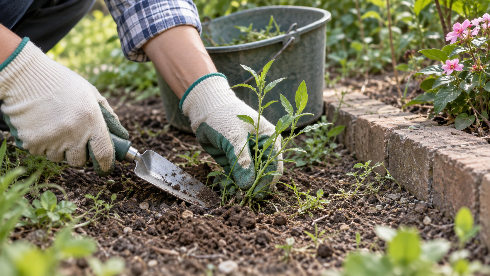 移植ごてで株元の土をほぐしながら草を取る作業イメージ